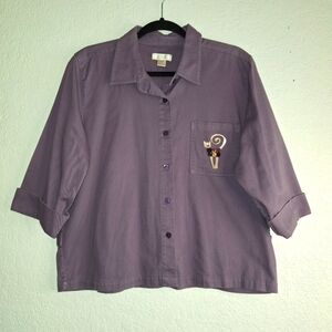 C.J. Banks Purple Cat Embroidered Button Shirt 3/4 Sleeve Size Large